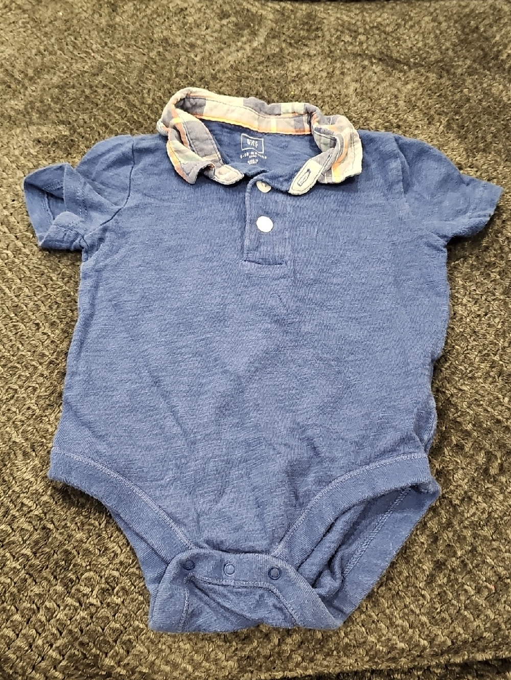 babyGap Blue Slub Knit Polo Bodysuit - Plaid Collar - 6-12 Months
